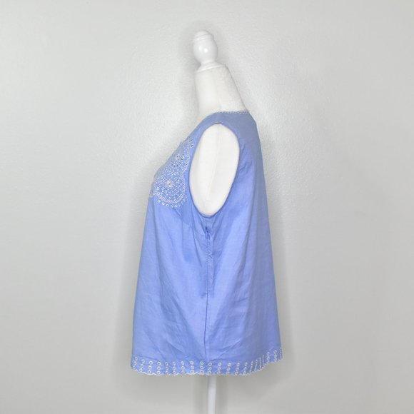 J. Crew Blue White Embroidered Eyelet Sleeveless Chambray Top Size 6 - Picture 4 of 15